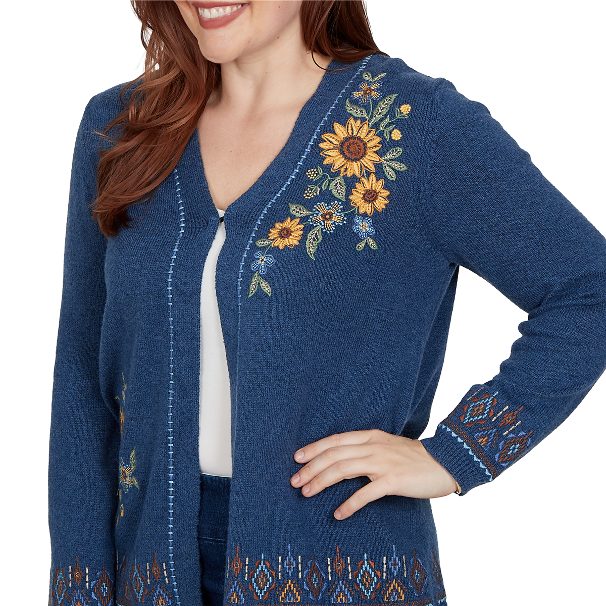 Womens Alfred Dunner Tuscany Sunflower Embroidery Cardigan
