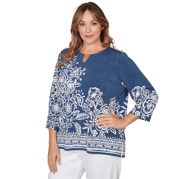Plus Size Alfred Dunner Classics 3/4 Sleeve Keyhole Floral Blouse