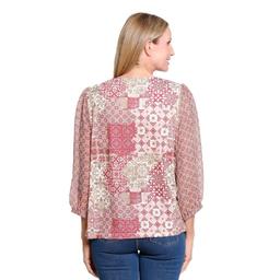 Womens Multiples 3/4 Sleeve Split Neck Patchwork Medallion Blouse
