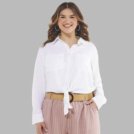 Juniors Plus Bethany Tie Front Casual Button Down