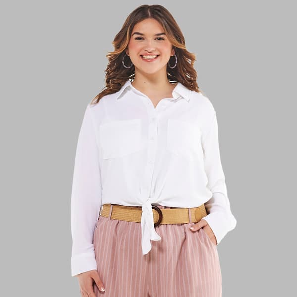 Juniors Plus Bethany Tie Front Casual Button Down