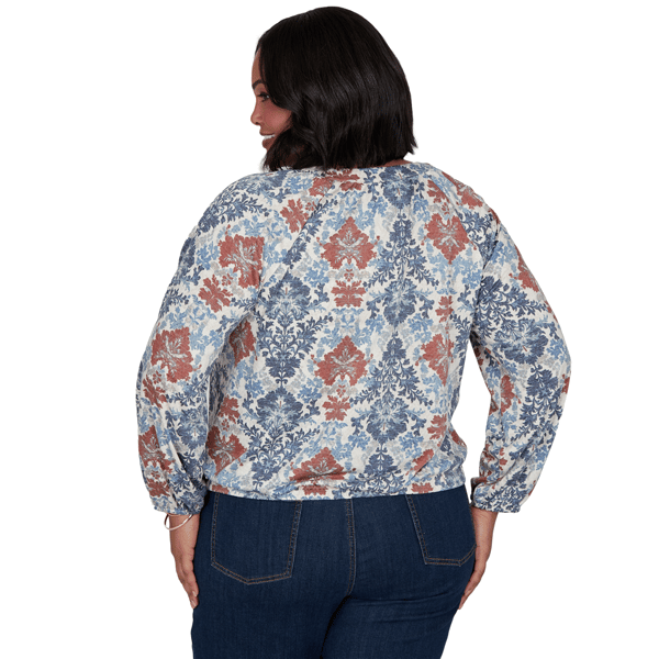 Plus Size Skye’s the Limit Urban Heirloom Tie Neck Damask Blouse