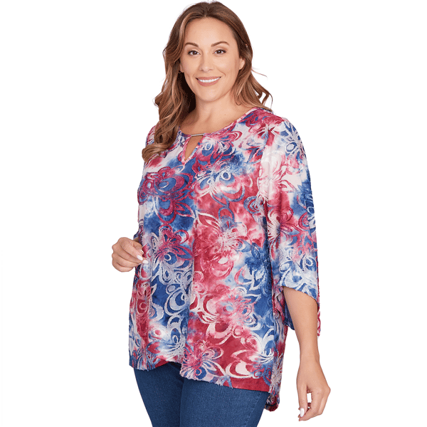 Plus Size Ruby Rd. Indigo Go Tie Dye Floral Keyhole Neck Blouse