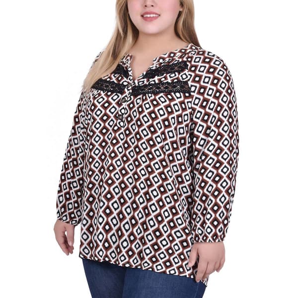 Plus Size NY Collection Long Sleeve Crochet Inset Blouse