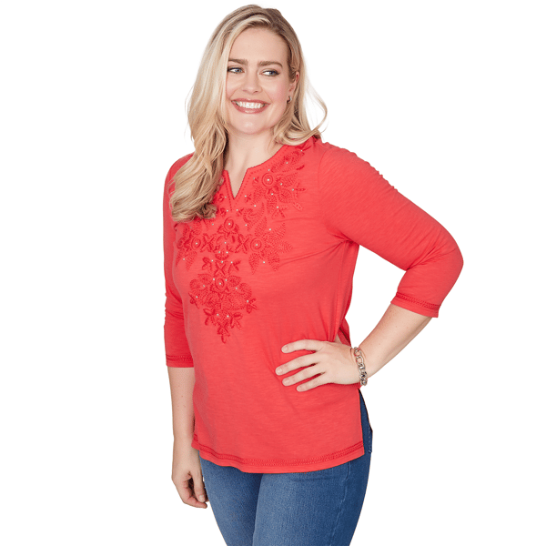 Womens Alfred Dunner Port Side 3/4 Sleeve Embroidery Blouse