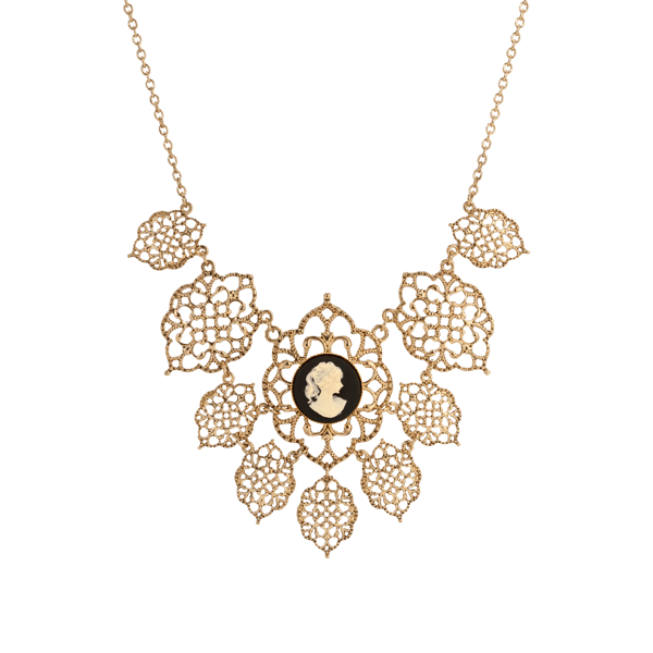 1928 16in. Gold-Tone Filigree & Black Cameo Necklace - image 