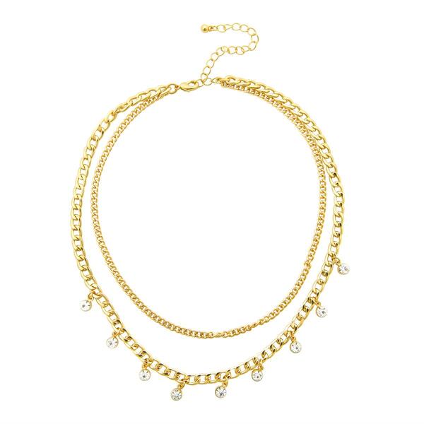 Roman Gold-Tone 2 Layer Crystal Drop & Chain Necklace - image 