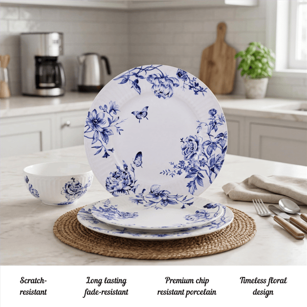 222 Fifth Cassian Embossed Toile Blue 12pc. Dinnerware Set