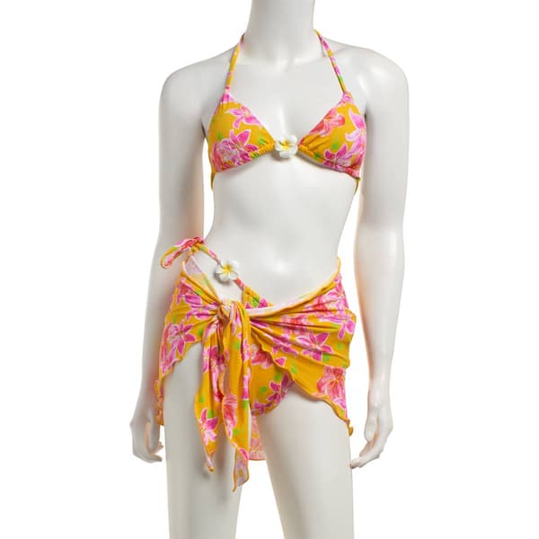 Juniors Mykonos Blue 3pc. Yellow Floral Swim Set with Sarong