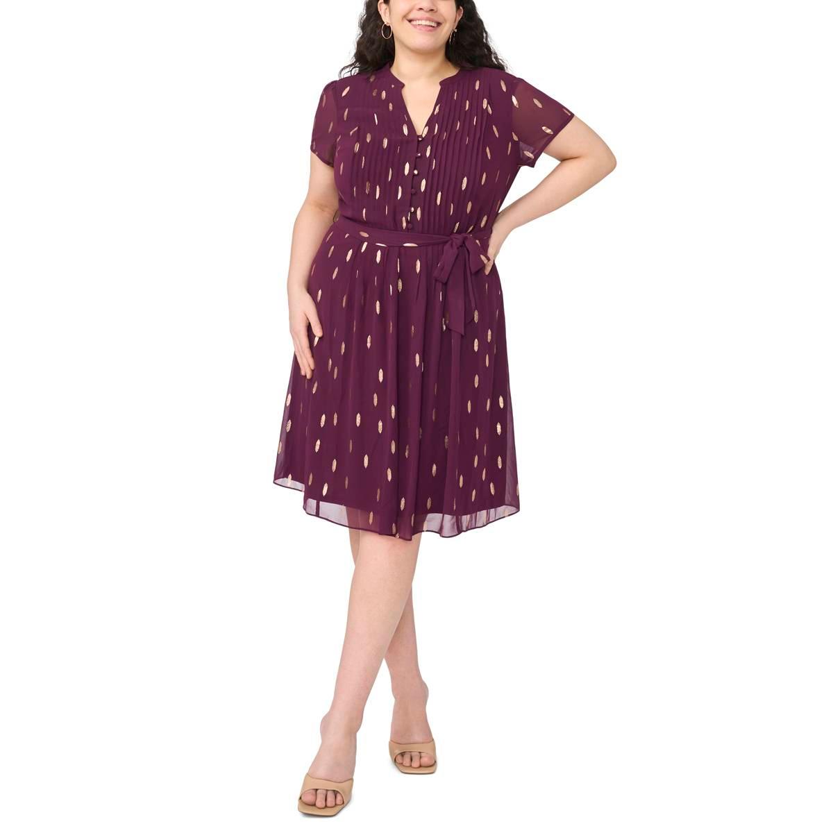 Plus Size MSK Short Sleeve Foil Dot Pintuck A-Line Dress