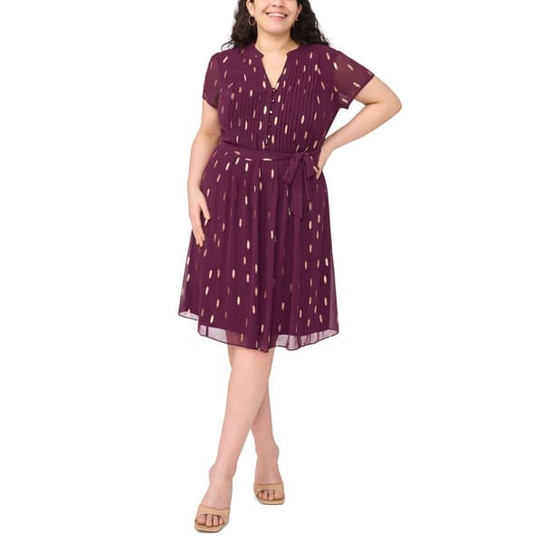 Plus Size MSK Short Sleeve Foil Dot Pintuck A-Line Dress