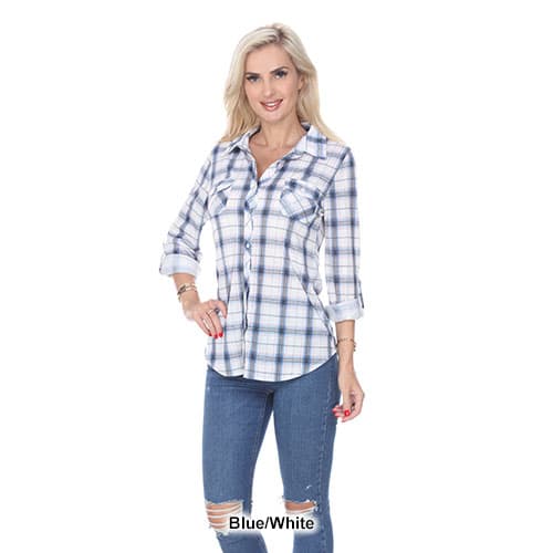 Womens White Mark Oakley Stretch Plaid Casual Button Down Top