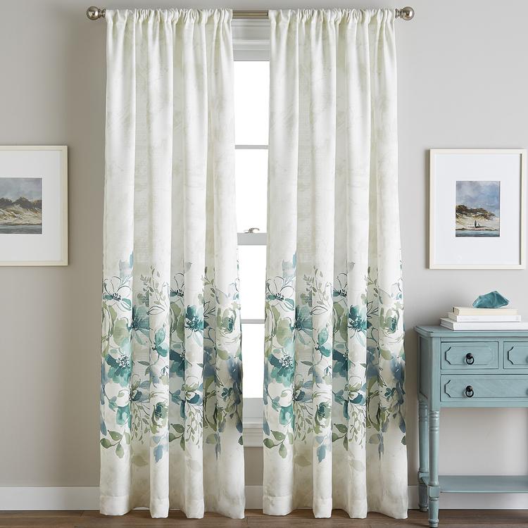 Watercolor Floral Border Print Rod Pocket Panel Curtain