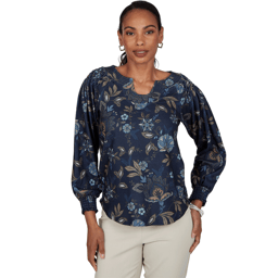 Womens Ruby Rd. Mythical Smocked Horseshoe Neck Floral Blouse