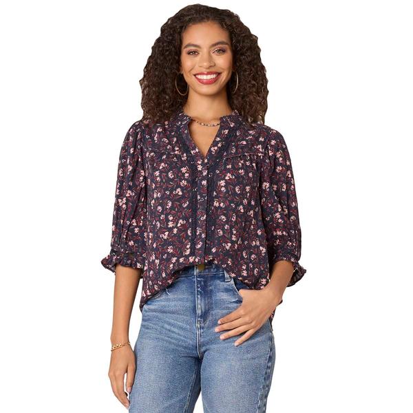 Womens Democracy Elbow Sleeve Crochet Inset Floral Button Blouse - Boscov's