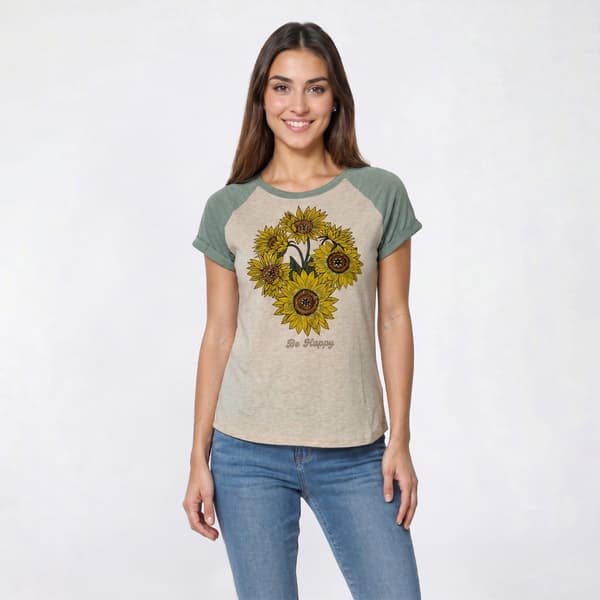 Womens Tru Self Raglan Roll Sleeve Color Block Sunflower Tee