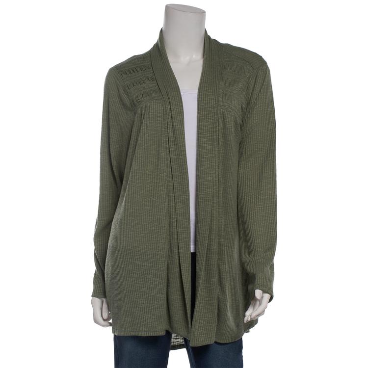 Plus Size Cure Open Front Solid Smocked Yoke Cardigan