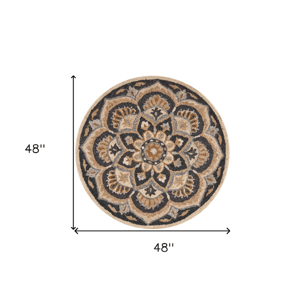 HomeRoots Traditional Black Flower Blossom Round Area Rug
