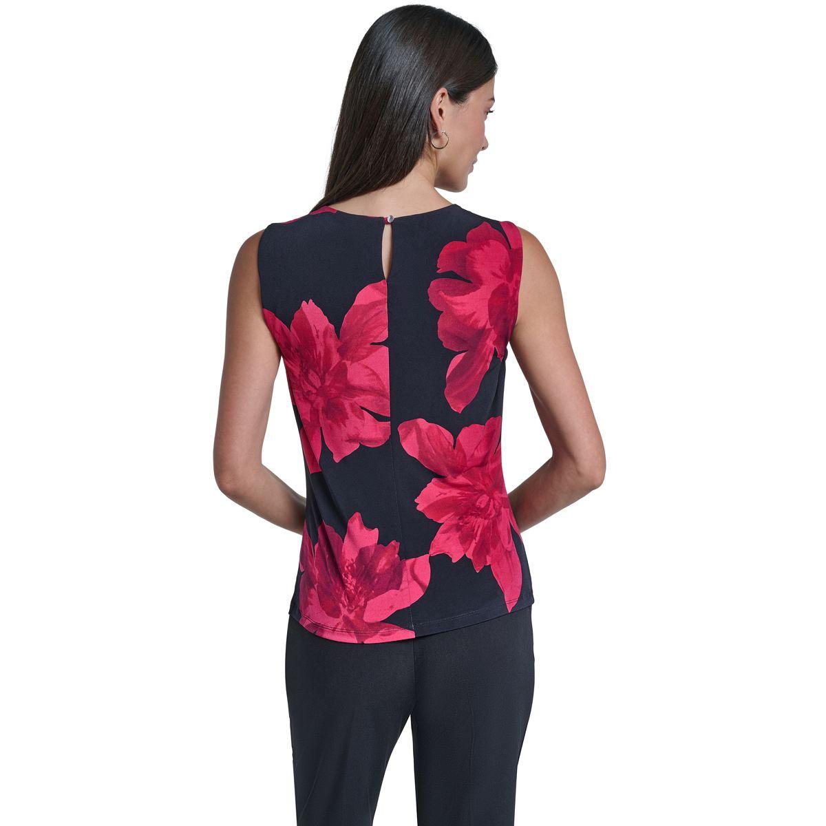Womens Calvin Klein Sleeveless Pleat Neck Floral Blouse