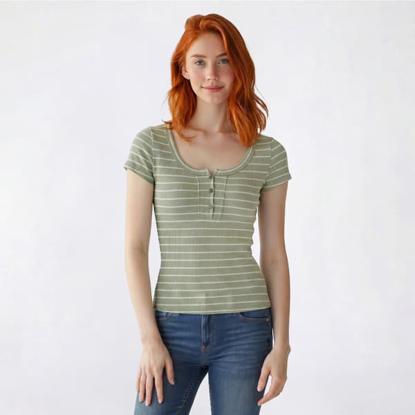 Juniors Pink Rose Short Sleeve Thermal Stripe Henley Top - image 