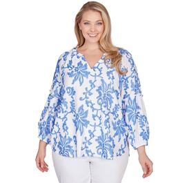 Plus Size Ruby Rd. Bali Blue 3/4 Sleeve Woven Luxe Voile Top
