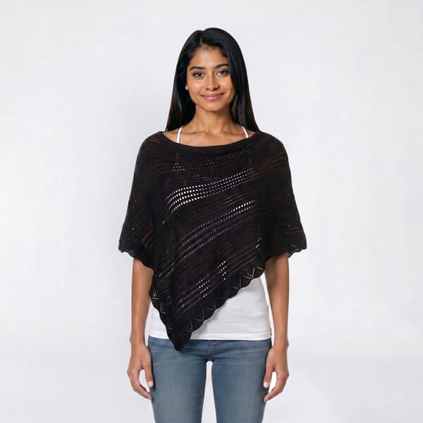 Juniors No Comment Crochet Like Open Knit Asymmetrical Poncho - image 