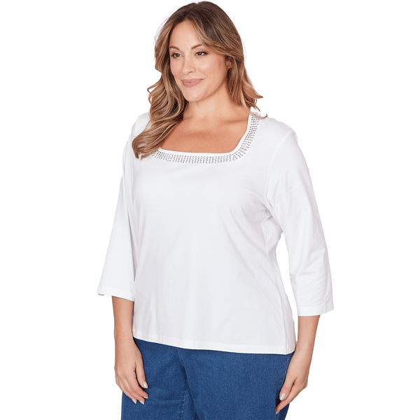 Plus Size Hearts of Palm Embraceable Blue Square Neck Blouse
