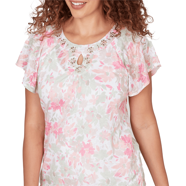 Womens Hearts of Palm Bloom Service Flutter Sleeve Floral Blouse