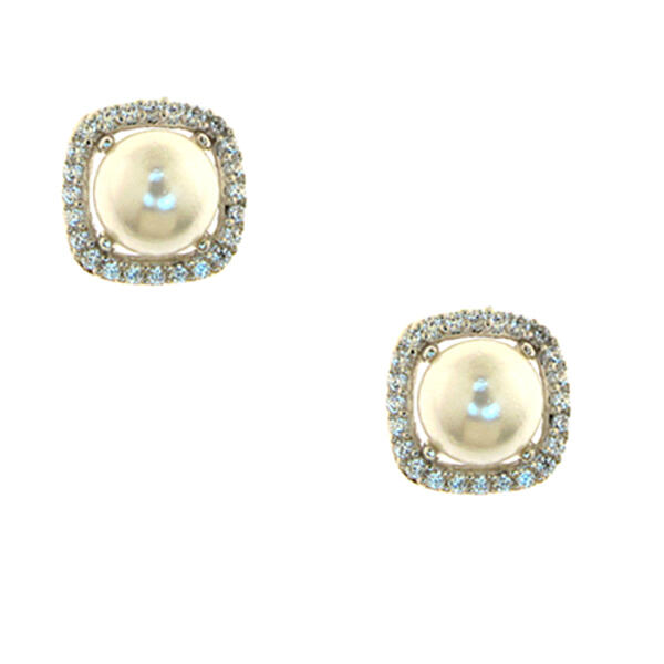 Sterling Silver Pearl & Cubic Zirconia Halo Stud Earrings - image 