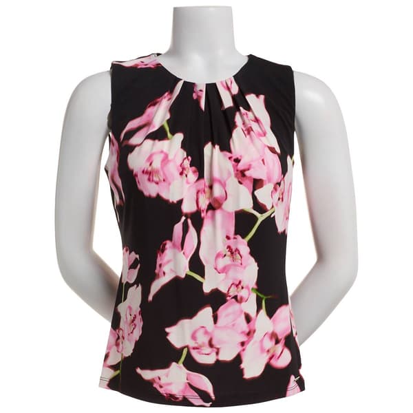 Petite Calvin Klein Sleeveless Pink Floral Pleated Neck Blouse