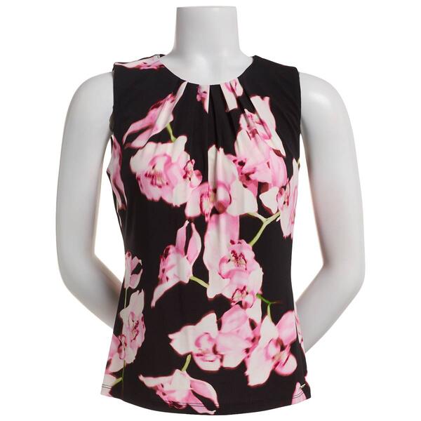 Petite Calvin Klein Sleeveless Pink Floral Pleated Neck Blouse - image 