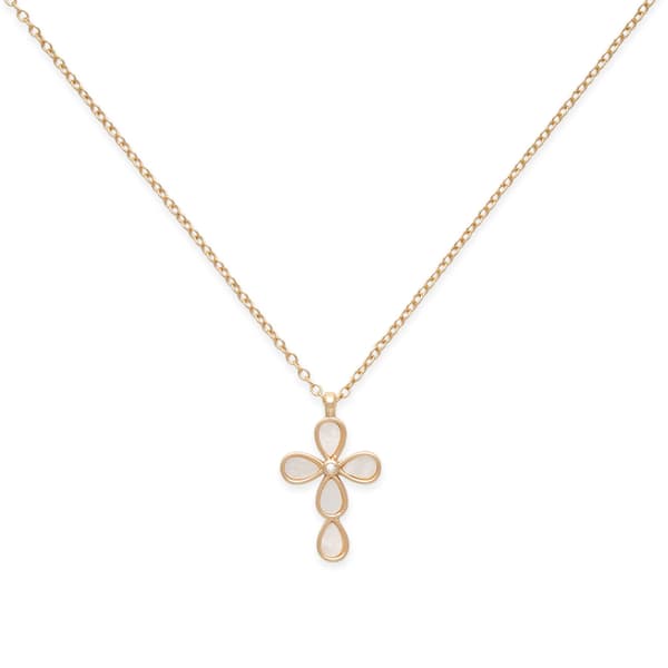 Beautiful Blessings Gold-Tone Mother of Pearl CZ Cross Necklace