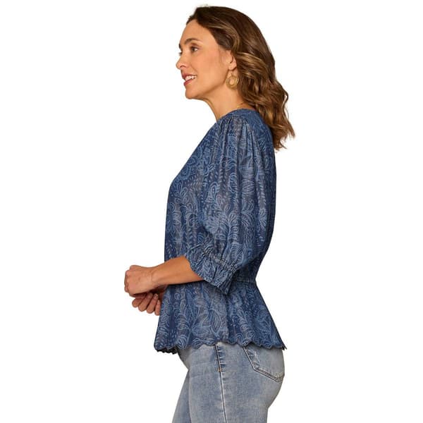Womens Democracy Elbow Sleeve V Neck Scallop Edge Blouse