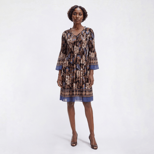 Womens Emma & Michele 3/4 Sleeve Smocked Paisley A-Line Dress - image 