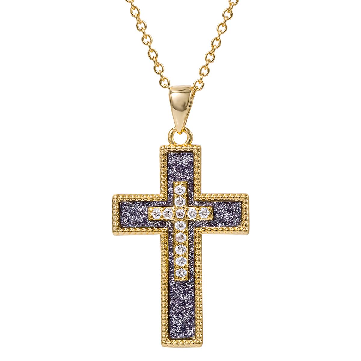 Brass Yellow Gold Plate CZ /Blue Cross Pendant