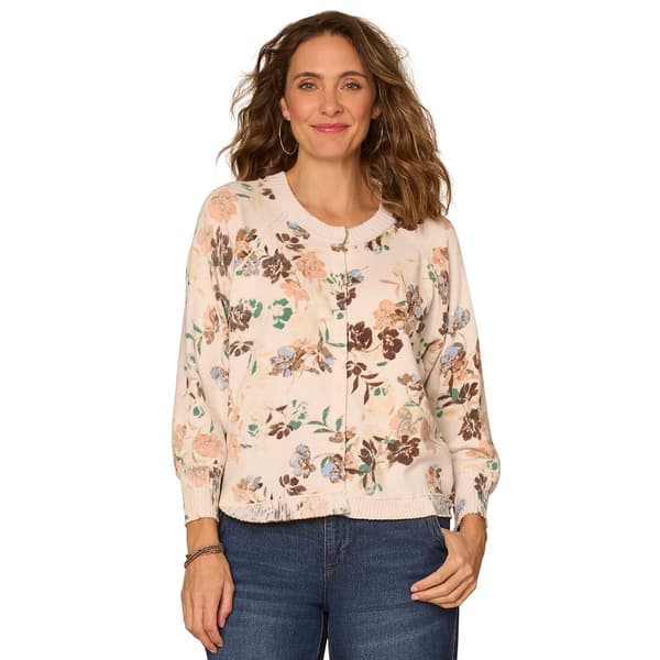 Womens Democracy 3/4 Sleeve Floral Button Front Cardigan - image 
