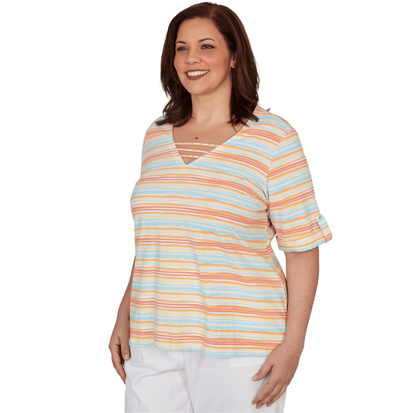 Plus Size Hearts of Palm Fun in the Sun Roll Tab Stripe Blouse