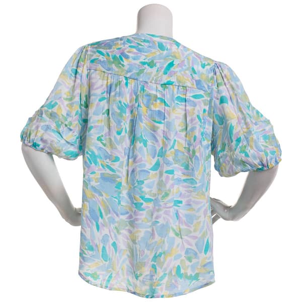 Womens Zac & Rachel  Short Puff Sleeve Tie Front Abstract Blouse