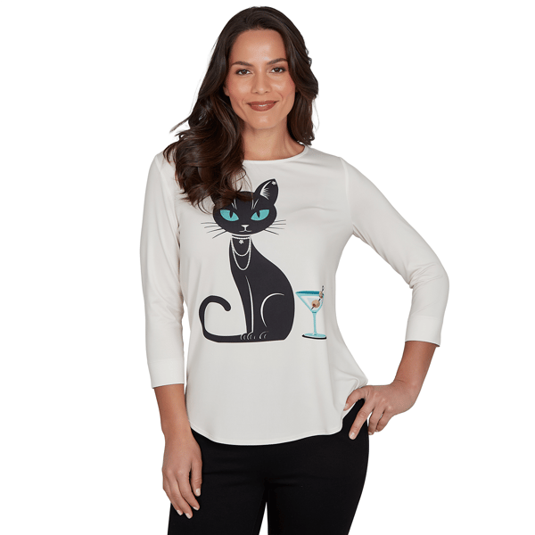 Womens Emaline Key Items 3/4 Sleeve Martini Cat Graphic Tee - image 