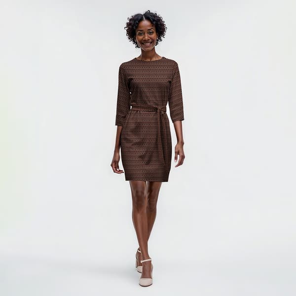 Womens Emma & Michele Elbow Sleeve Geometric A-Line Dress w/ Belt
