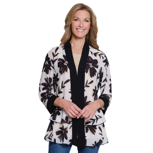 Petite Multiples 3/4 Sleeve Floral with Solid Trim Cardigan - image 