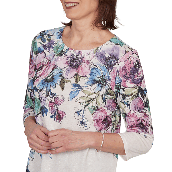 Womens Alfred Dunner Classics 3/4 Sleeve Falling Roses Blouse