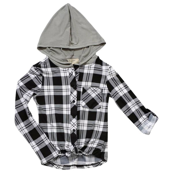 Girls &#40;7-16&#41; No Comment Hooded Button Down Top - Kurt Plaid Black - image 