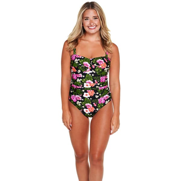 Womens Jones New York Side Ruched Floral One Piece Swimsuit