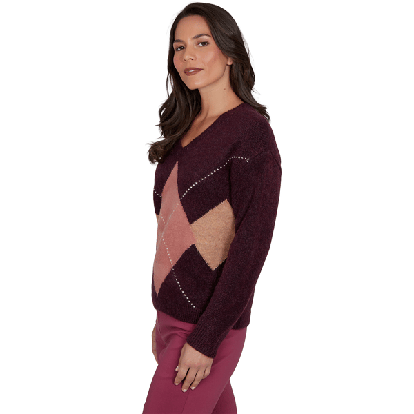 Womens Hearts of Palm Berry Fabulous V Neck Argyle Sweater