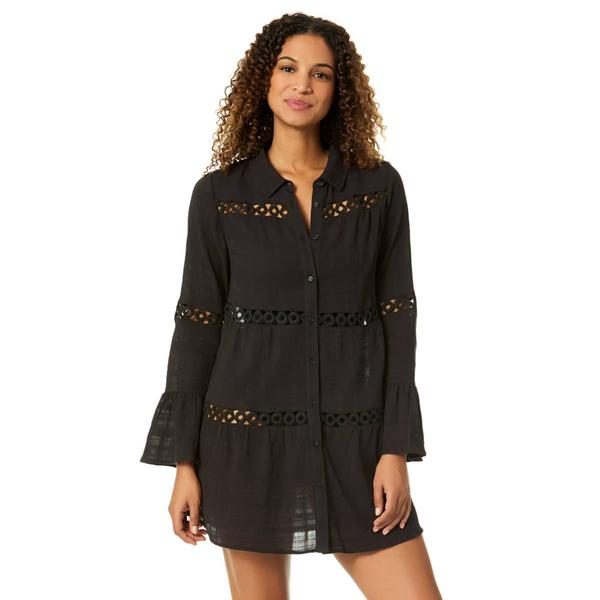 Womens Anne Cole Solid Bell Sleeve Crochet Trim Cover Up - image 