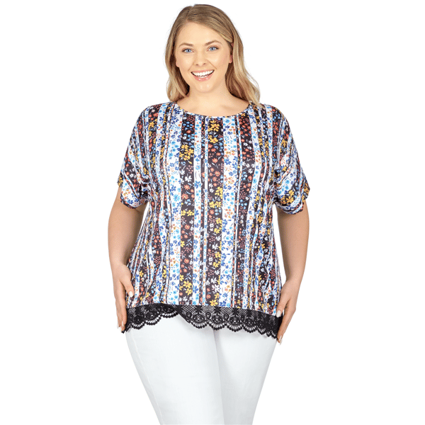 Women''s Ruby Rd. Larky Lark Lace T-Shirt Top In Joyful Stripes - image 