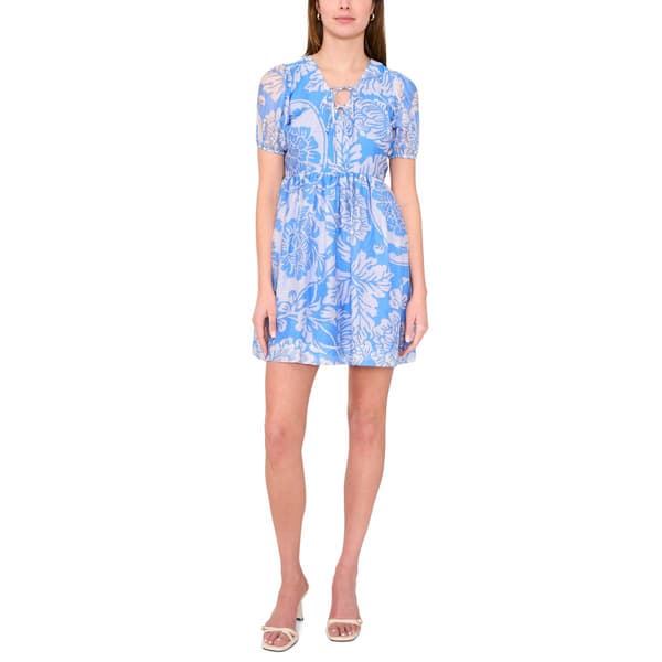 Petite MSK Puff Sleeve Floral Leaf Tie Neck A-Line Dress