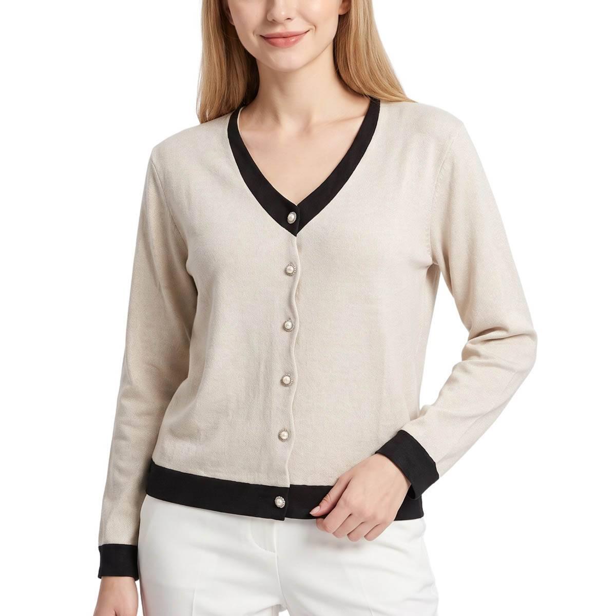 Womens NY Collection Long Sleeve Pearl Button Pullover