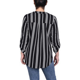 Womens NY Collection 3/4 Sleeve Pleated Front Blouse-Black/White